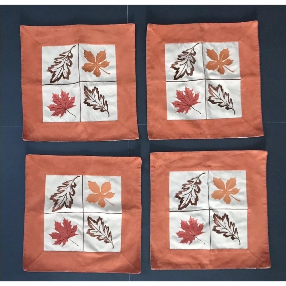 Autumn Leaf Placemat Set Faux Suede Trim Orange Brown Cottage Cabin Goblin Core
